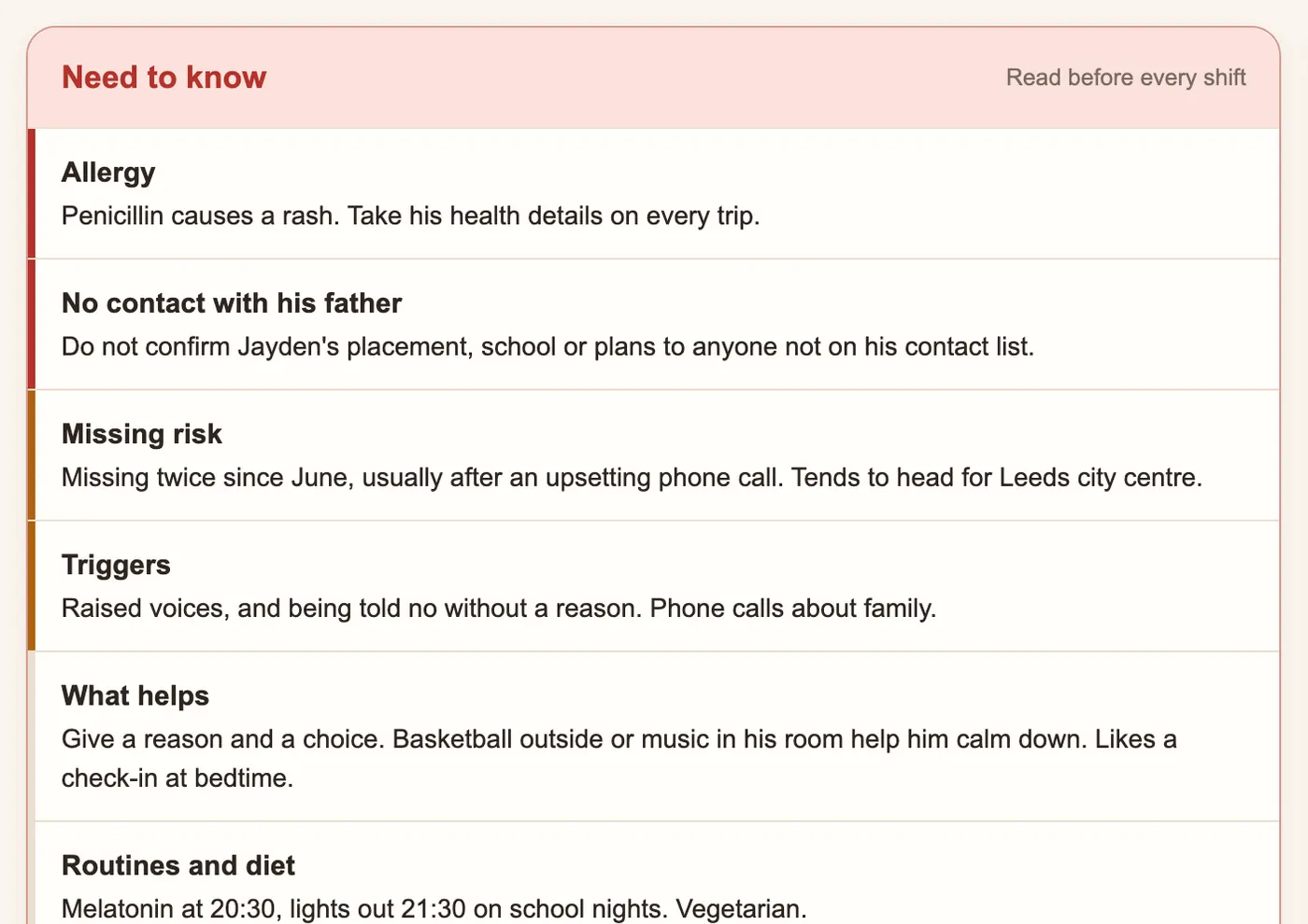 A young person's file in Precinct Care with need-to-know alerts at the top