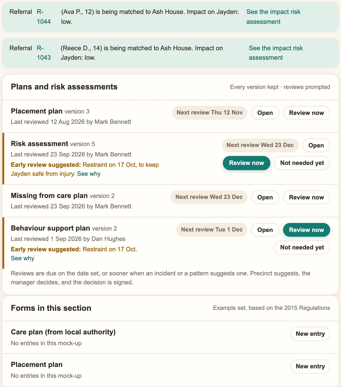 Referral notes on a young person's plans in Precinct Care, linking to the impact risk assessment