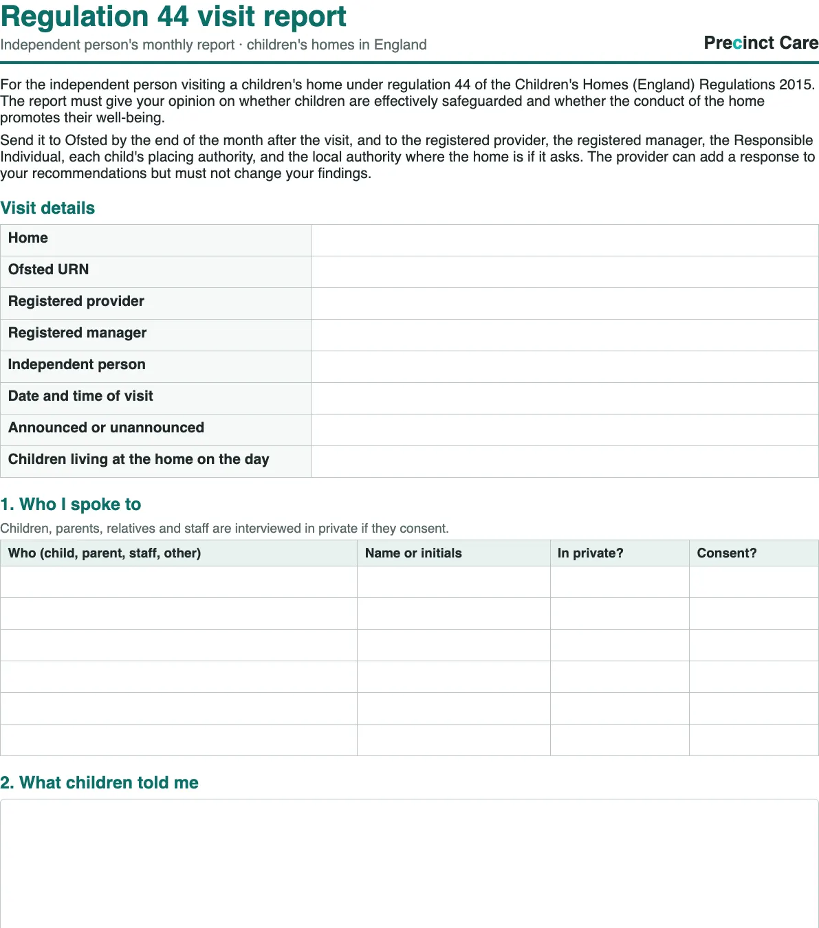 Regulation 44 visit report template for an independent person visiting a children's home