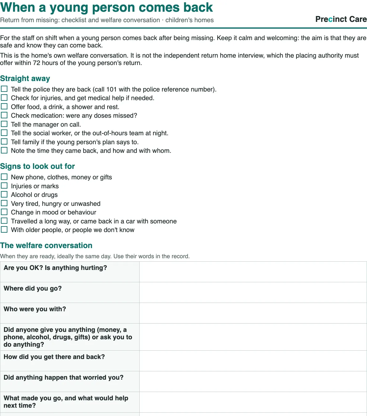 Checklist for when a young person comes back from missing, with prompts for the welfare conversation